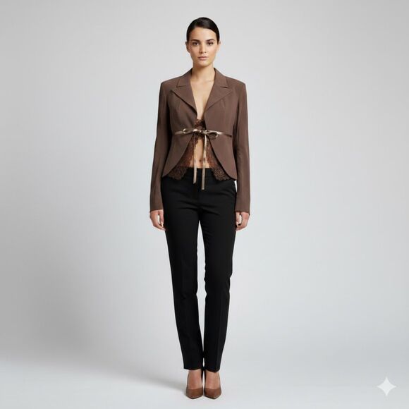 PINKO Short Delicate Lace Trim Detail Jacket Blazer Womens 6 Brown Satin Bow NWT - Picture 1 of 10